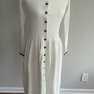 Proenza Schouler Ivory Long Sleeve Button-Front Dress with Black Trim